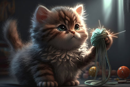 Happy Kitten Playing with a Furry Mouse Toy, AI Generatedの素材