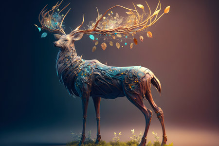 Graceful Deer standing on hind legs with majestic antlers in a peaceful meadow, AI Generatedの素材