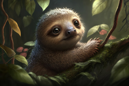 Curious baby sloth hanging from a tree with a surprised expression on its face, surrounded by lush green foliage and gentle mist, AI Generatedの素材