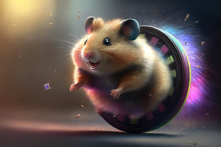 Happy Hamster with a Wagging Tail, Enjoying a Run on a Colorful Wheel, AI Generatedの素材