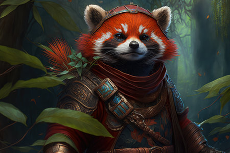 Fluffy red panda with a mischievous expression climbing a tall tree in a lush bamboo forest, AI Generatedの素材