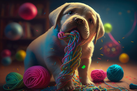 Energetic puppy playing tug-of-war with a ball of yarn and a chew toy in a colorful playroom, AI Generatedの素材