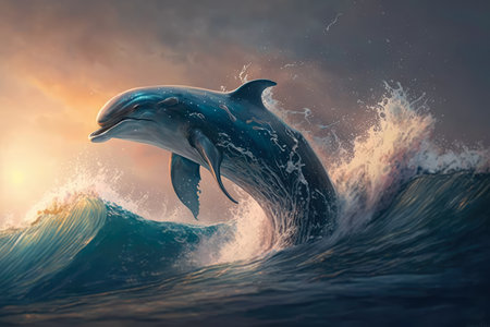 Joyful and Friendly Dolphin Leaping out of the Ocean, AI Generatedの素材