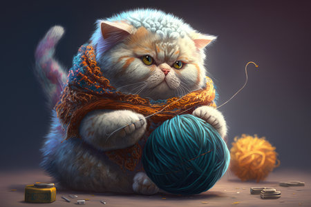 Curious Cat Playing with a Colorful Ball of Yarn, AI Generatedの素材