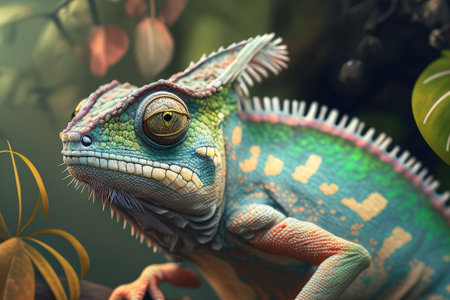 Exotic chameleon with its long tongue sticking out, catching a fly on a vibrant tropical tree branch in the jungle, AI Generatedの素材