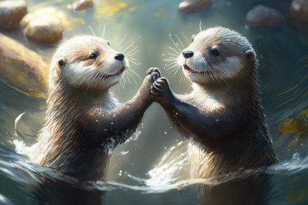 High-Five Celebration between Two Playful Otters in a Clear Stream, AI Generatedの素材