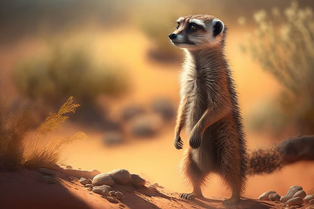 Curious Meerkat standing on hind legs with a watchful expression in the African savannah, AI Generatedの素材