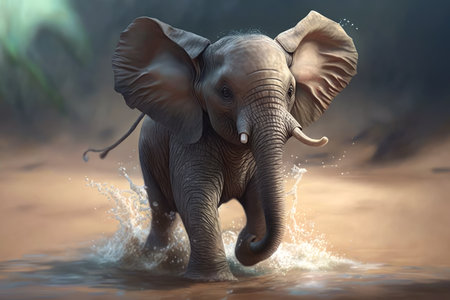 Energetic Elephant Calf with a Playful Skip and Wrinkly Trunk, AI Generatedの素材