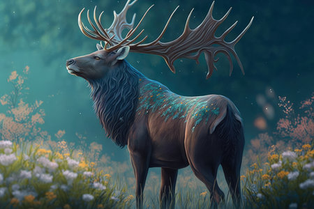 Graceful Deer standing on hind legs with majestic antlers in a peaceful meadow, AI Generatedの素材