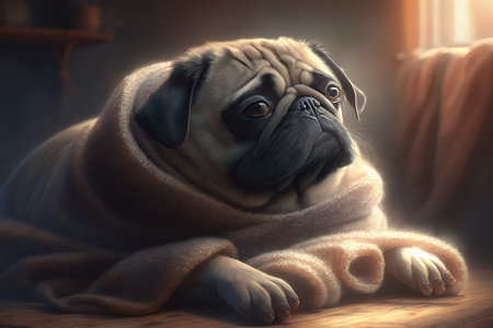 Lazily Dozing Pug in a Sunbeam on a Soft Woolen Rug, AI Generatedの素材
