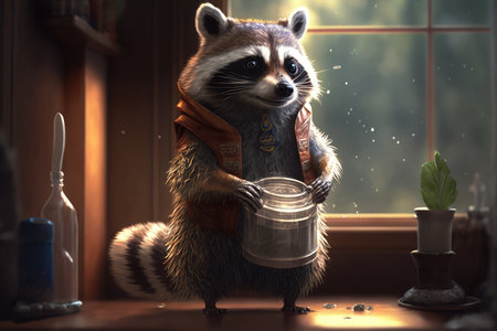 Clever Raccoon standing on hind legs while holding a shiny object in its paws in a suburban backyard, AI Generatedの素材