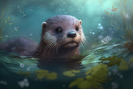 Baby Otter with a Sly Look Floating on Its Back in a Calm River, AI Generatedの素材