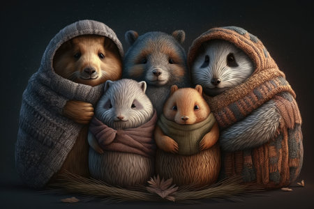 Furry Friends group of cuddly animals snuggled up together to stay warm in the winter forest, AI Generatedの素材