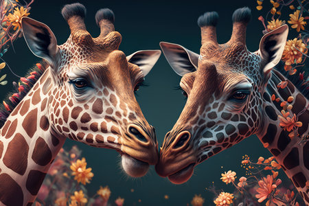 Delightful image of two inquisitive giraffes touching noses in a lush savannah, AI Generatedの素材