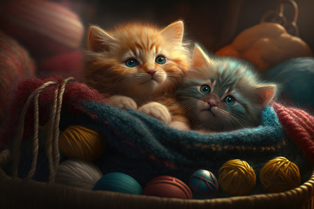 pair of kittens cuddled up in a cozy basket with soft blankets and colorful toys scattered around them, AI Generatedの素材