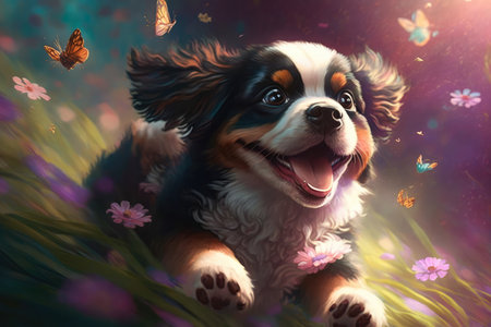 Enthusiastic puppy leaping in the air to catch a colorful butterfly in a lush garden, AI Generatedの素材