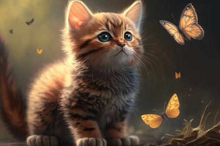 Curious Kitten with a Playful Grin Watching a Butterfly Flutter By, AI Generatedの素材