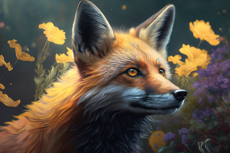 curious fox with a vibrant yellow flower behind its ear, staring intently at the viewer, AI Generatedの素材