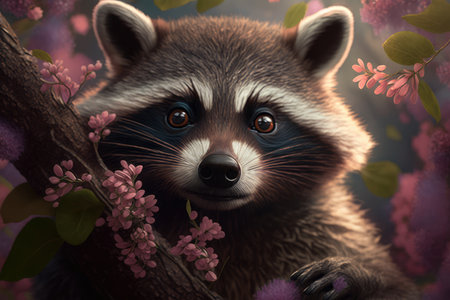Mischievous raccoon with a beautiful pink flower behind its ear, peeking out from behind a tree trunk, AI Generatedの素材