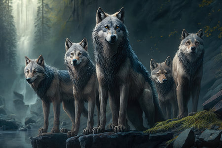 King of the Pack Group of Wild Wolves Sitting Together in the Forest, AI Generatedの素材