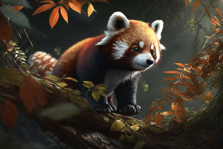 Lovely red panda with big eyes and fluffy tail perched on a branch, eating bamboo leaves with its tiny paws, AI Generatedの素材