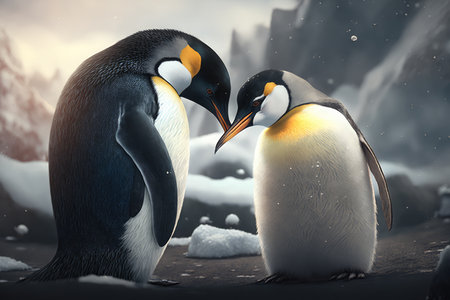 heartwarming image of two curious penguins sharing a tender beak kiss on a snowy Antarctic landscape, AI Generatedの素材
