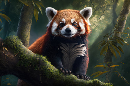 Fluffy red panda with a mischievous expression climbing a tall tree in a lush bamboo forest, AI Generatedの素材