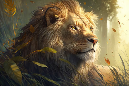 Lazy Lion Lounging in the Sun on a Grassland with a View of a Savanna, AI Generatedの素材