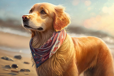 Smiling Golden Retriever with a bandana around its neck, standing on a sandy beach with blue ocean waves in the background, AI Generatedの素材
