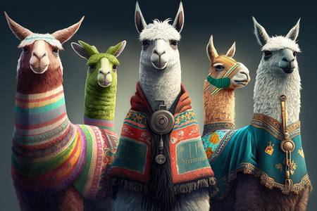 Quirky llama wearing a striped sweater, hanging out with a group of other llamas in a green pasture, AI Generatedの素材