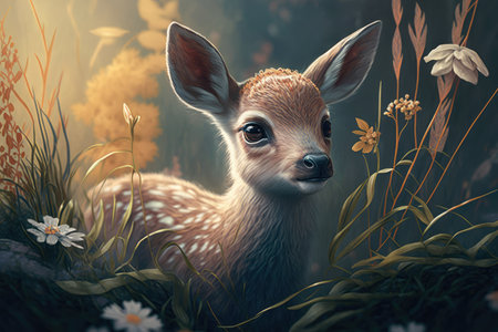 Started Fawn Deer in the Meadow with nature and wilderness in the background, AI Generatedの素材