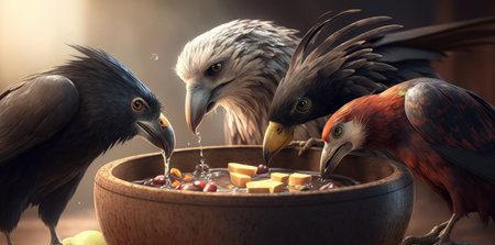 Sharing is caring heart-warming image of animals coming together to share a bowl of food, showingcasing the importance of kindness and community, AI generatedの素材