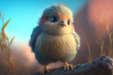 Small fluffy chick with a questioning expression, perched on a wooden branch in front of a bright blue sky, AI Generatedの素材