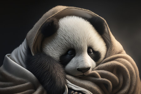 Precious baby panda wrapped up in a warm blanket with a sleepy expression and black and white fur, AI Generatedの素材