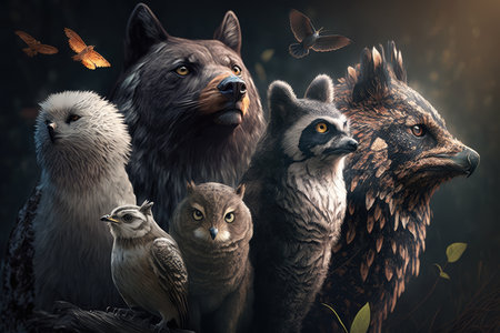 Wildlife Gathering group of furry animals coming together to form a beautiful image of unity and togetherness in the wild, AI Generatedの素材