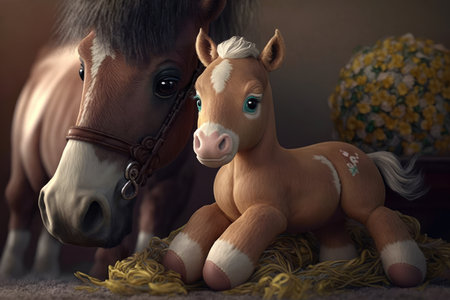 Young Foal Playing with a Plush Toy Horse, AI Generatedの素材
