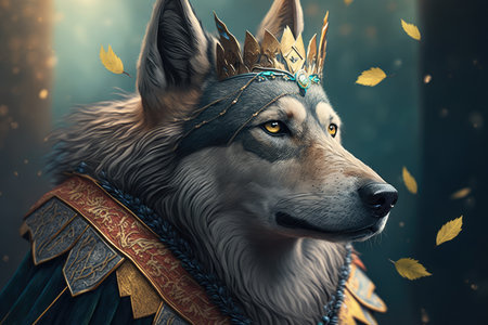 The Crowned Wolf Gray Wolf with a Crown on its Head Standing in the Forest, AI Generatedの素材