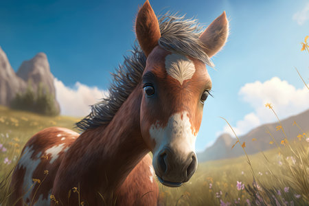 Young foal peeking out from behind a tree with a wide-eyed, surprised look, in a beautiful meadow with rolling hills and a clear blue sky, AI Generatedの素材