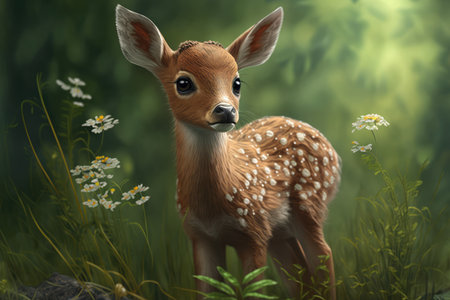 Young Fawn Staring with Wonderment in a Green Meadow, AI Generatedの素材