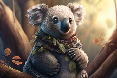 Sweet Koala wearing a bandana around its neck, sitting on a eucalyptus tree branch with blue sky in the background, AI Generatedの素材