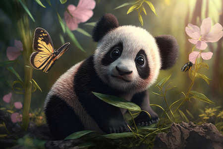 Young Panda Cub staring in awe at a butterfly that landed on its nose in a lush bamboo forest, AI Generatedの素材
