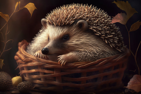 Sleepy hedgehog sitting in a rustic basket with a relaxed expression and spiky quills, AI Generatedの素材