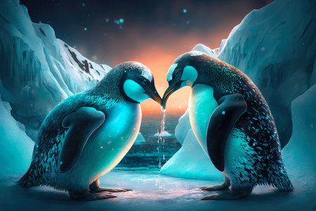 Two affectionate penguins kissing each other on a frozen ice shelf with a stunning aurora borealis in the night sky, AI Generatedの素材