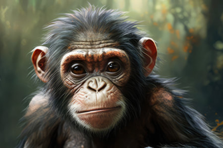 Young Chimpanzee Using a Stick as a Tool to Gather Termites in a Dense Jungle, AI Generatedの素材