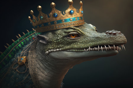 Portrait of a Crocodile with a Crown on its Head, AI Generatedの素材