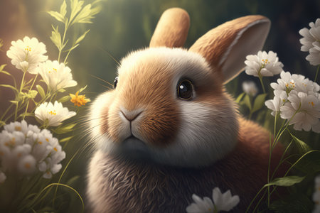 sweet and fluffy bunny with a delicate white flower tucked behind its ear, gazing curiously at the viewer, AI Generatedの素材