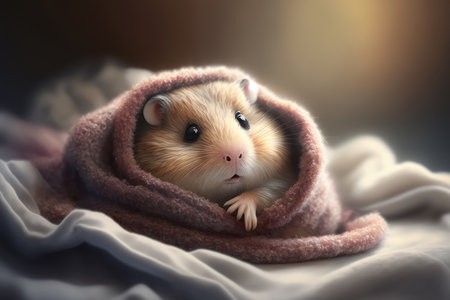 Tiny baby hamster curled up in a fuzzy blanket with a peaceful expression and twitching nose, AI Generatedの素材