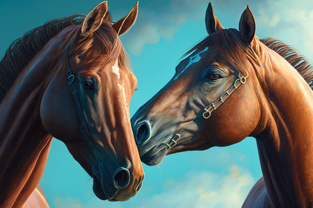Two gentle horses nuzzling each other's noses in a beautiful green meadow under a clear blue sky, AI Generatedの素材