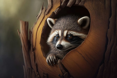 Young Raccoon Peeking Out from a Hollow Tree Trunk, AI Generatedの素材
