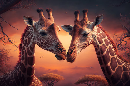 romantic scene of two giraffes kissing each other against a stunning African sunset in the savanna, AI Generatedの素材